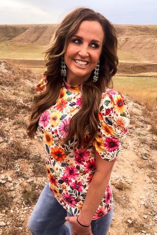 Sterling Kreek Women’s Sunrise Bloom Floral Western Puff Sleeve Top - Cowboy SwaggerSterling Kreek Women’s Sunrise Bloom Floral Western Puff Sleeve TopShirts & Tops