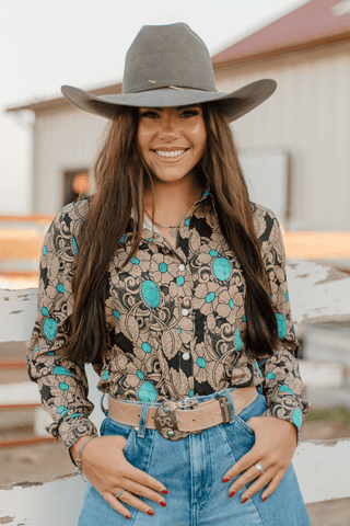 Sterling Kreek Womens Tattoos on This Town Western Snap Shirt Tooled Leather Turquoise Print Long Sleeve Blouse - Cowboy SwaggerSterling Kreek Womens Tattoos on This Town Western Snap Shirt Tooled Leather Turquoise Print Long Sleeve Blouse