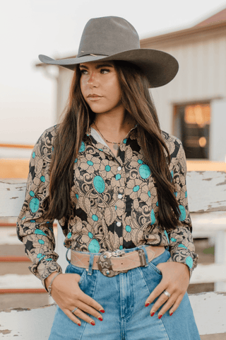 Sterling Kreek Womens Tattoos on This Town Western Snap Shirt Tooled Leather Turquoise Print Long Sleeve Blouse - Cowboy SwaggerSterling Kreek Womens Tattoos on This Town Western Snap Shirt Tooled Leather Turquoise Print Long Sleeve Blouse