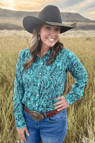 Sterling Kreek Women’s “Tooled In Turquoise” Button - Up Shirt – Turquoise Tooled Print with White Snaps - Cowboy SwaggerSterling Kreek Women’s “Tooled In Turquoise” Button - Up Shirt – Turquoise Tooled Print with White Snaps