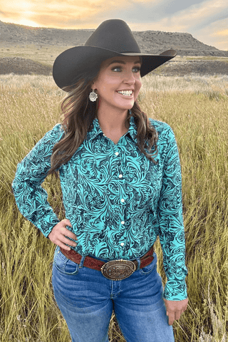 Sterling Kreek Women’s “Tooled In Turquoise” Button - Up Shirt – Turquoise Tooled Print with White Snaps - Cowboy SwaggerSterling Kreek Women’s “Tooled In Turquoise” Button - Up Shirt – Turquoise Tooled Print with White Snaps