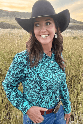 Sterling Kreek Women’s “Tooled In Turquoise” Button - Up Shirt – Turquoise Tooled Print with White Snaps - Cowboy SwaggerSterling Kreek Women’s “Tooled In Turquoise” Button - Up Shirt – Turquoise Tooled Print with White Snaps