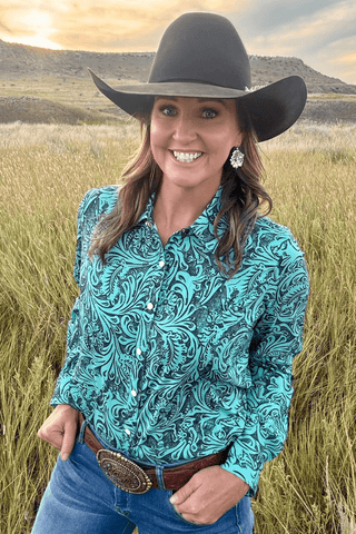 Sterling Kreek Women’s “Tooled In Turquoise” Button - Up Shirt – Turquoise Tooled Print with White Snaps - Cowboy SwaggerSterling Kreek Women’s “Tooled In Turquoise” Button - Up Shirt – Turquoise Tooled Print with White Snaps
