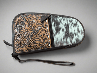 Tooled Leather and Cowhide Pistol Case – Western Handcrafted Gun Protector - Cowboy SwaggerTooled Leather and Cowhide Pistol Case – Western Handcrafted Gun Protector