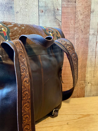 Tooled Leather & Red Brindle Cowhide Backpack – 17x12” - Cowboy SwaggerTooled Leather & Red Brindle Cowhide Backpack – 17x12”