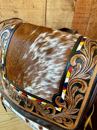 Tooled Leather & Red Brindle Cowhide Backpack – 17x12” - Cowboy SwaggerTooled Leather & Red Brindle Cowhide Backpack – 17x12”