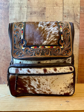 Tooled Leather & Red Brindle Cowhide Backpack – 17x12” - Cowboy SwaggerTooled Leather & Red Brindle Cowhide Backpack – 17x12”