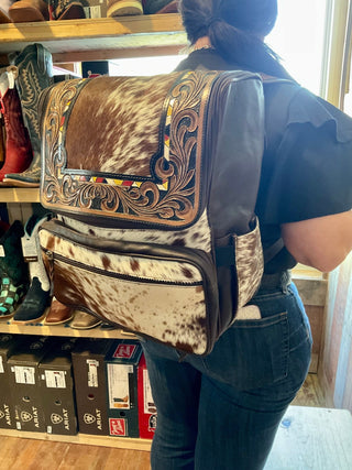Tooled Leather & Red Brindle Cowhide Backpack – 17x12” - Cowboy SwaggerTooled Leather & Red Brindle Cowhide Backpack – 17x12”