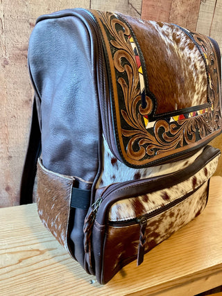Tooled Leather & Red Brindle Cowhide Backpack – 17x12” - Cowboy SwaggerTooled Leather & Red Brindle Cowhide Backpack – 17x12”