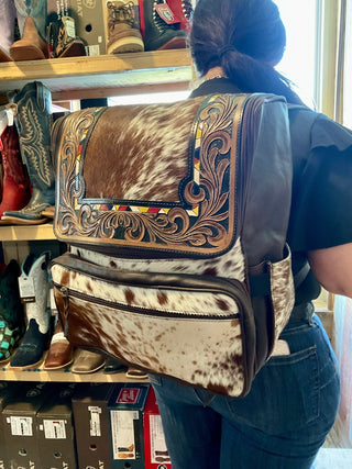 Tooled Leather & Red Brindle Cowhide Backpack – 17x12” - Cowboy SwaggerTooled Leather & Red Brindle Cowhide Backpack – 17x12”
