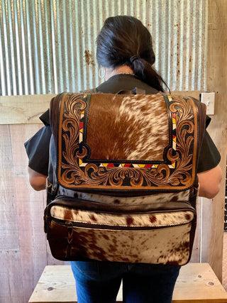 Tooled Leather & Red Brindle Cowhide Backpack – 17x12” - Cowboy SwaggerTooled Leather & Red Brindle Cowhide Backpack – 17x12”