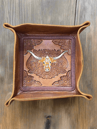 Tooled Longhorn Brown Leather Catchall - Cowboy SwaggerTooled Longhorn Brown Leather Catchall