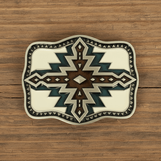 Tribal Pattern Oval Belt Buckle – Black & Turquoise Fan Design - Cowboy SwaggerTribal Pattern Oval Belt Buckle – Black & Turquoise Fan DesignBuckle
