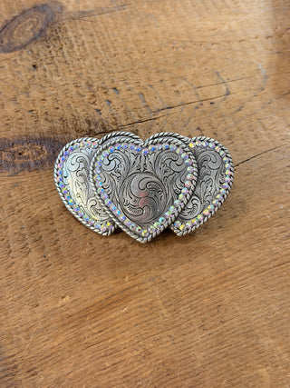 Triple Heart Belt Buckle with Rope Edge & Crystal – Silver Western Buckle - Cowboy SwaggerTriple Heart Belt Buckle with Rope Edge & Crystal – Silver Western Buckle
