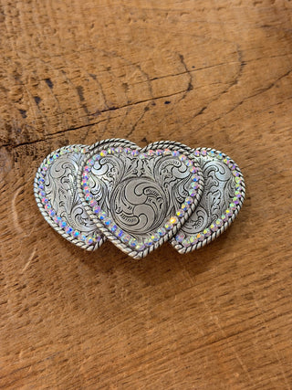 Triple Heart Belt Buckle with Rope Edge & Crystal – Silver Western Buckle - Cowboy SwaggerTriple Heart Belt Buckle with Rope Edge & Crystal – Silver Western Buckle