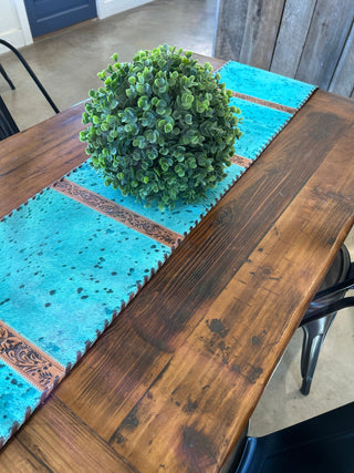 Turquoise Acid Washed Cowhide Leather Table Runner with Tooling, Stitching & Fringe – 6 ft - Cowboy SwaggerTurquoise Acid Washed Cowhide Leather Table Runner with Tooling, Stitching & Fringe – 6 ft