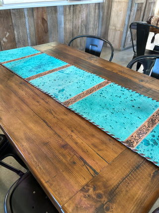 Turquoise Acid Washed Cowhide Leather Table Runner with Tooling, Stitching & Fringe – 6 ft - Cowboy SwaggerTurquoise Acid Washed Cowhide Leather Table Runner with Tooling, Stitching & Fringe – 6 ft