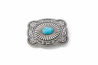 Turquoise Stone Western Belt Buckle – Antique Silver Fanned Concho Buckle - Cowboy SwaggerTurquoise Stone Western Belt Buckle – Antique Silver Fanned Concho Buckle