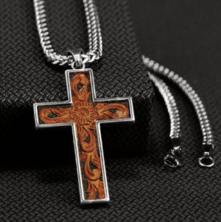Twister Men’s 24” Tooled Leather Inlay Cross Pendant Necklace – Western Chain Jewelry - Cowboy SwaggerTwister Men’s 24” Tooled Leather Inlay Cross Pendant Necklace – Western Chain Jewelry