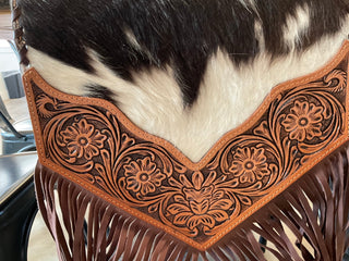 Western Cowhide Table Runner – Black & White Cowhide Table Runner with Floral Tooled Leather - Cowboy SwaggerWestern Cowhide Table Runner – Black & White Cowhide Table Runner with Floral Tooled Leather