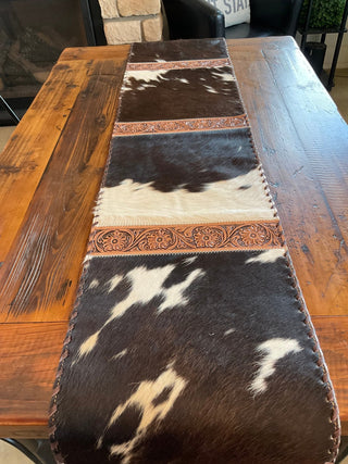 Western Cowhide Table Runner – Black & White Cowhide Table Runner with Floral Tooled Leather - Cowboy SwaggerWestern Cowhide Table Runner – Black & White Cowhide Table Runner with Floral Tooled Leather