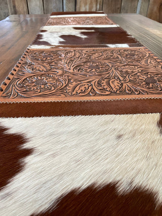 Western Cowhide Table Runner – Brown & White Hide with Floral Tooled Leather Panels - Cowboy SwaggerWestern Cowhide Table Runner – Brown & White Hide with Floral Tooled Leather Panels