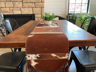 Western Cowhide Table Runner – Brown & White Hide with Floral Tooled Leather Panels - Cowboy SwaggerWestern Cowhide Table Runner – Brown & White Hide with Floral Tooled Leather Panels