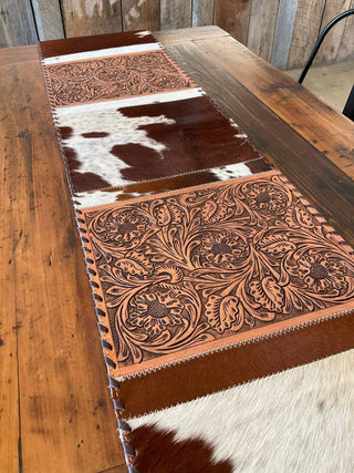 Western Cowhide Table Runner – Brown & White Hide with Floral Tooled Leather Panels - Cowboy SwaggerWestern Cowhide Table Runner – Brown & White Hide with Floral Tooled Leather Panels