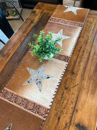 Western Cowhide Table Runner – Flower tooled and Light Brown Cowhide Star Detail Table Runner Large - Cowboy SwaggerWestern Cowhide Table Runner – Flower tooled and Light Brown Cowhide Star Detail Table Runner Large
