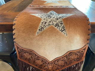 Western Cowhide Table Runner – Flower tooled and Light Brown Cowhide Star Detail Table Runner Large - Cowboy SwaggerWestern Cowhide Table Runner – Flower tooled and Light Brown Cowhide Star Detail Table Runner Large