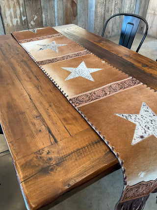 Western Cowhide Table Runner – Flower tooled and Light Brown Cowhide Star Detail Table Runner Large - Cowboy SwaggerWestern Cowhide Table Runner – Flower tooled and Light Brown Cowhide Star Detail Table Runner Large