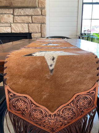 Western Cowhide Table Runner – Light Brown Hide with Black and White Black Star - Cowboy SwaggerWestern Cowhide Table Runner – Light Brown Hide with Black and White Black Star