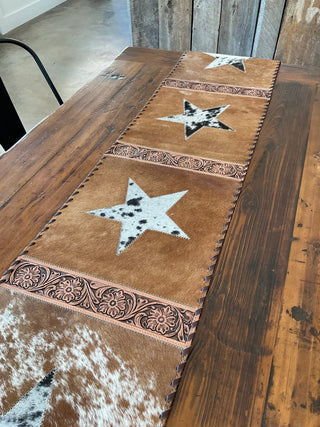 Western Cowhide Table Runner – Light Brown Hide with Black and White Black Star - Cowboy SwaggerWestern Cowhide Table Runner – Light Brown Hide with Black and White Black Star