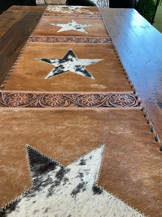 Western Cowhide Table Runner – Light Brown Hide with Black and White Black Star - Cowboy SwaggerWestern Cowhide Table Runner – Light Brown Hide with Black and White Black Star