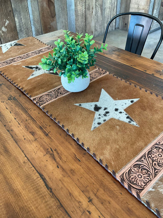 Western Cowhide Table Runner – Light Brown Hide with Black and White Black Star - Cowboy SwaggerWestern Cowhide Table Runner – Light Brown Hide with Black and White Black Star