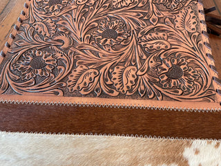 Western Cowhide Table Runner – Light Brown & White Hide with Tooled Leather Flowers - Cowboy SwaggerWestern Cowhide Table Runner – Light Brown & White Hide with Tooled Leather Flowers