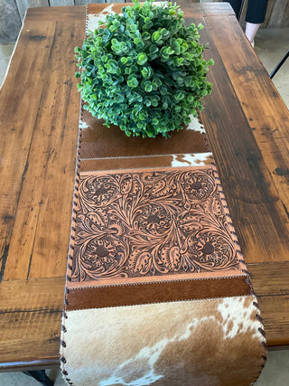 Western Cowhide Table Runner – Light Brown & White Hide with Tooled Leather Flowers - Cowboy SwaggerWestern Cowhide Table Runner – Light Brown & White Hide with Tooled Leather Flowers