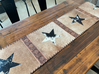 Western Cowhide Table Runner – Tan Hide with Black and White Star - Cowboy SwaggerWestern Cowhide Table Runner – Tan Hide with Black and White Star