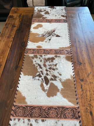 Western Cowhide Table Runner – White and Brown Hide with brown stars - Cowboy SwaggerWestern Cowhide Table Runner – White and Brown Hide with brown stars