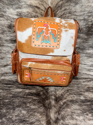 Western Pink and Turquoise Free Bird Tooled Cowhide Backpack – White and Tan Leather Hide Bag - Cowboy SwaggerWestern Pink and Turquoise Free Bird Tooled Cowhide Backpack – White and Tan Leather Hide Bag