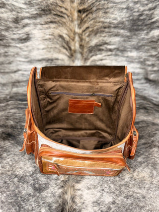 Western Pink and Turquoise Free Bird Tooled Cowhide Backpack – White and Tan Leather Hide Bag - Cowboy SwaggerWestern Pink and Turquoise Free Bird Tooled Cowhide Backpack – White and Tan Leather Hide Bag