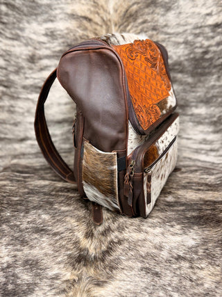 Western Square Basket Weave and Floral Tooled Cowhide Backpack – White and Brown Hair - On Hide Leather Bag - Cowboy SwaggerWestern Square Basket Weave and Floral Tooled Cowhide Backpack – White and Brown Hair - On Hide Leather Bag