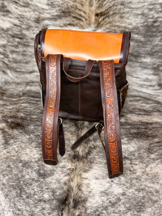 Western Square Basket Weave and Floral Tooled Cowhide Backpack – White and Brown Hair - On Hide Leather Bag - Cowboy SwaggerWestern Square Basket Weave and Floral Tooled Cowhide Backpack – White and Brown Hair - On Hide Leather Bag