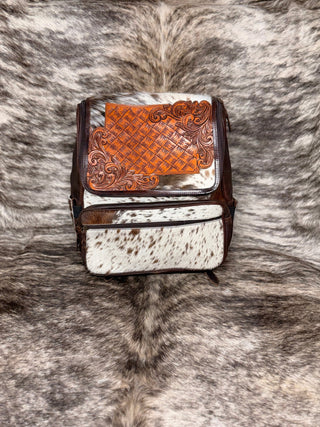 Western Square Basket Weave and Floral Tooled Cowhide Backpack – White and Brown Hair - On Hide Leather Bag - Cowboy SwaggerWestern Square Basket Weave and Floral Tooled Cowhide Backpack – White and Brown Hair - On Hide Leather Bag