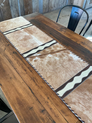 Western Style 6ft Brown Blonde Cowhide Table Runner with Leather Detailing - Cowboy SwaggerWestern Style 6ft Brown Blonde Cowhide Table Runner with Leather Detailing