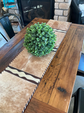 Western Style 6ft Brown Blonde Cowhide Table Runner with Leather Detailing - Cowboy SwaggerWestern Style 6ft Brown Blonde Cowhide Table Runner with Leather Detailing