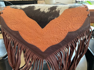 Western Table Runner – Black and White Cowhide with Brown Embossed Leather Trim - Cowboy SwaggerWestern Table Runner – Black and White Cowhide with Brown Embossed Leather Trim