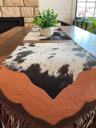 Western Table Runner – Black and White Cowhide with Brown Embossed Leather Trim - Cowboy SwaggerWestern Table Runner – Black and White Cowhide with Brown Embossed Leather Trim