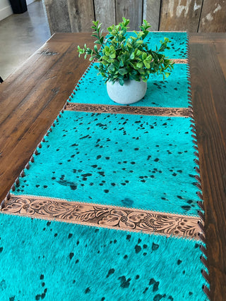 Western Table Runner – Turquoise Acid Wash Cowhide with Tooled Leather Accents - Cowboy SwaggerWestern Table Runner – Turquoise Acid Wash Cowhide with Tooled Leather Accents