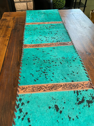 Western Table Runner – Turquoise Acid Wash Cowhide with Tooled Leather Accents - Cowboy SwaggerWestern Table Runner – Turquoise Acid Wash Cowhide with Tooled Leather Accents